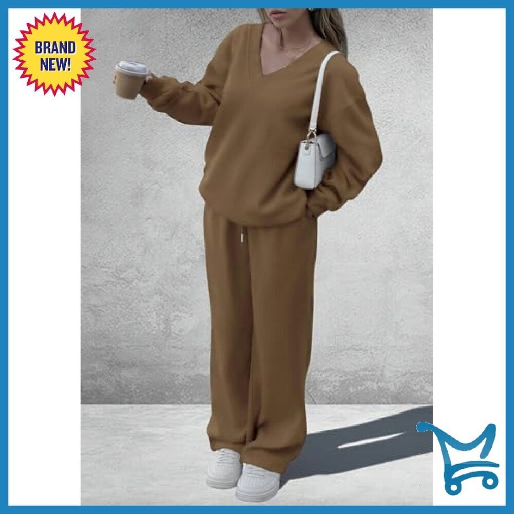 V-Neck Sweatshirt & Wide Leg Pants Set, Knit Fabric, Elastic Waist - Picture 4 of 8